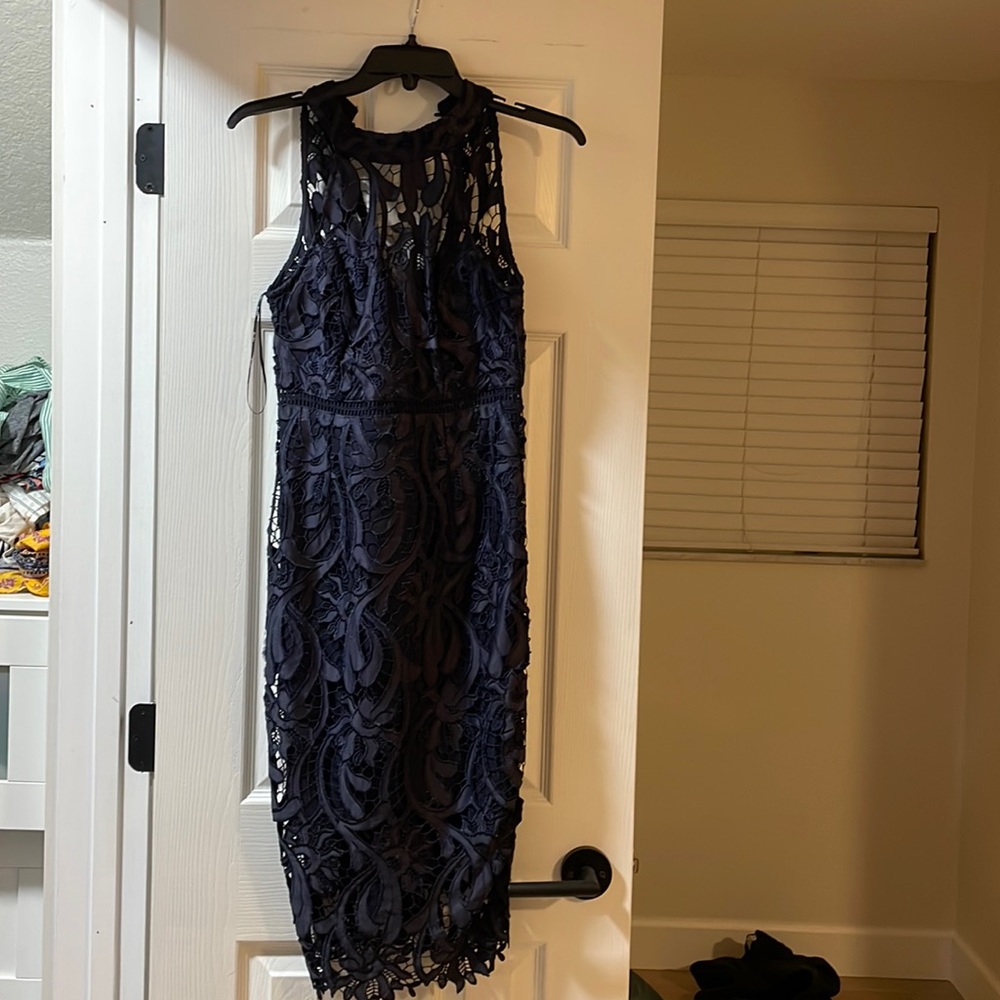Bardot navy lace midi